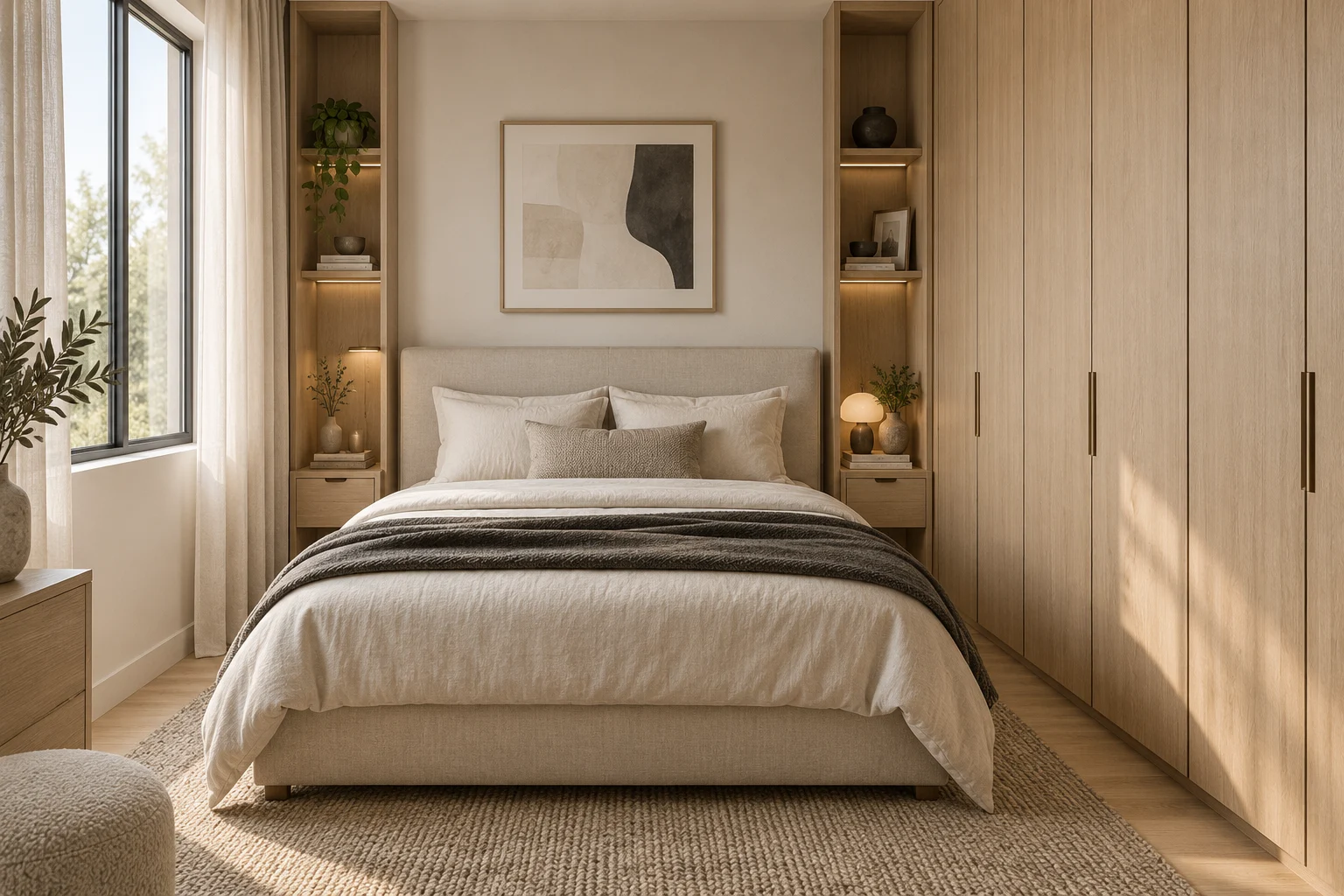 Concept camera generato con IA con armadi in rovere e letto in lino neutro
