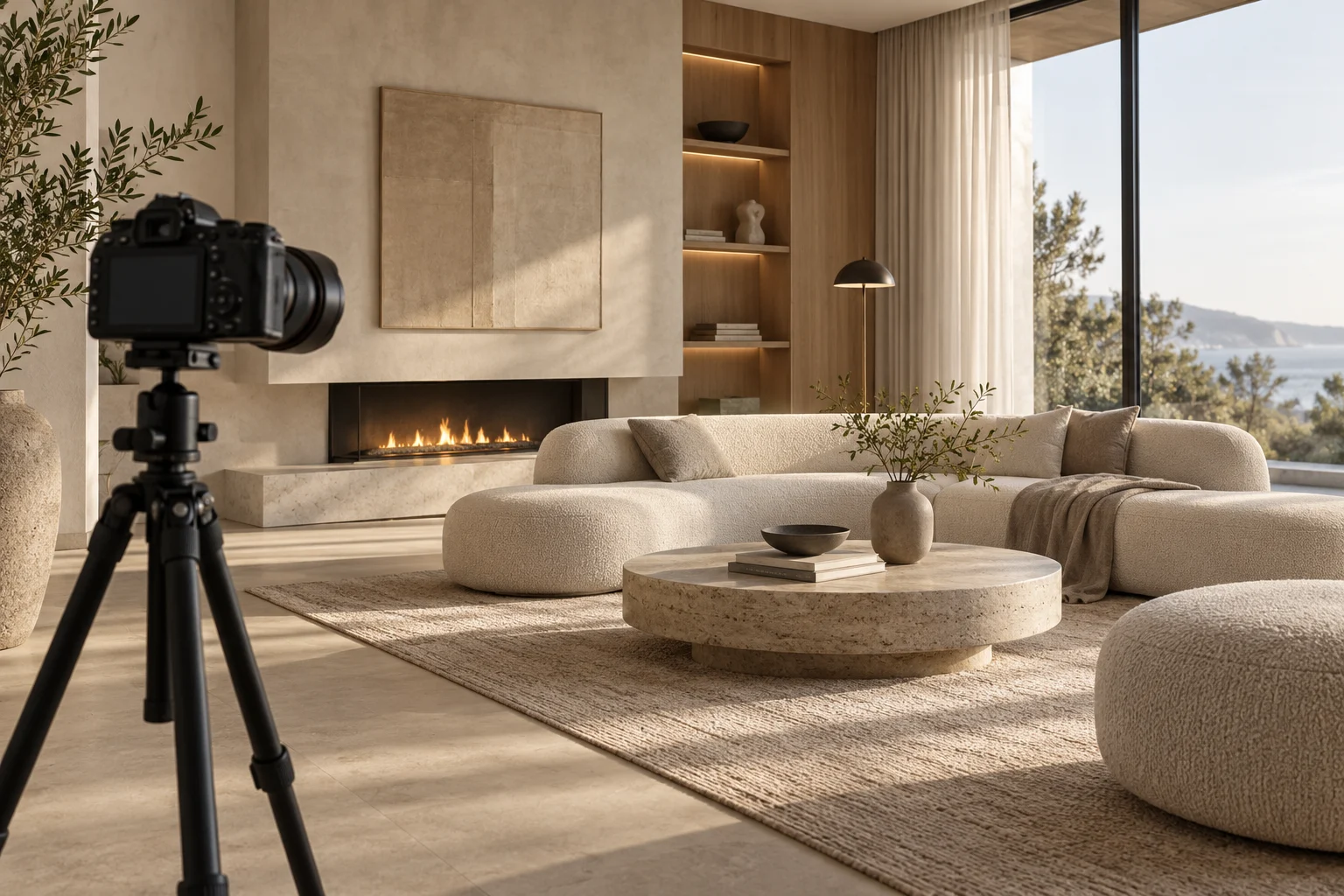 Concept generato con IA: Fotocamera su treppiede che inquadra un soggiorno contemporaneo