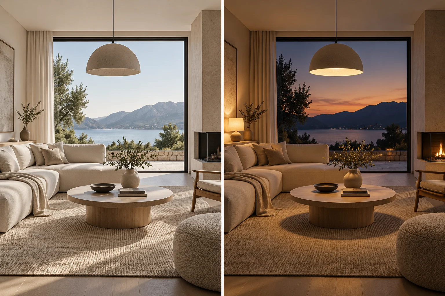 Concept generato con IA: Confronto dello stesso interno con luce diurna e serale