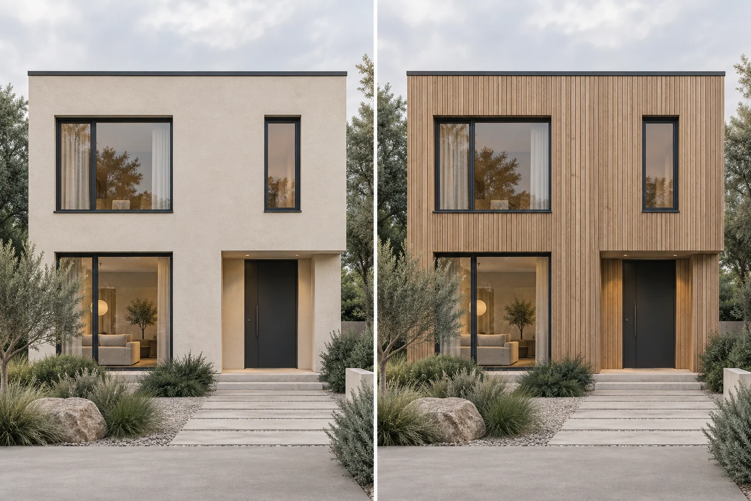 Concept generato con IA: Stessa facciata confrontata con finiture in intonaco e legno