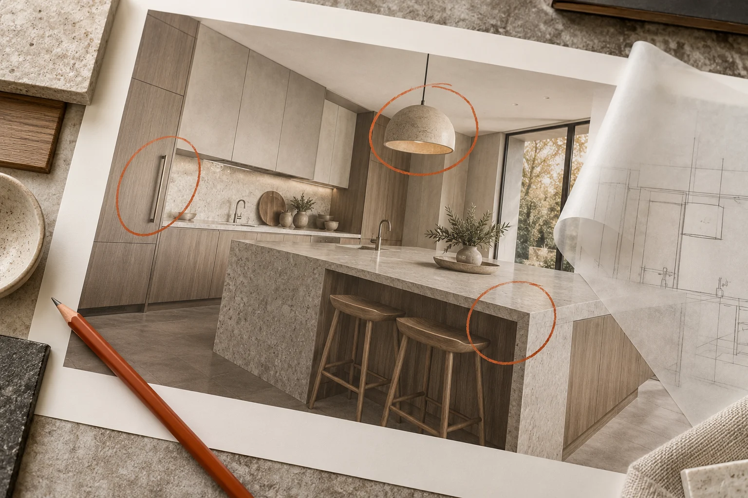Concept generato con IA: Render stampato di cucina con punti di revisione evidenziati