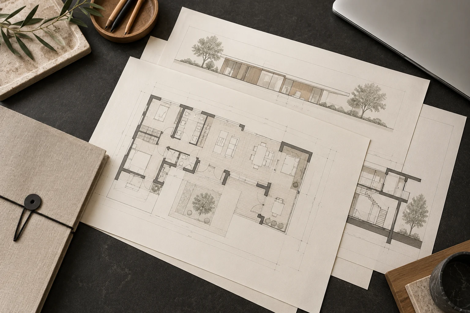 Concept generato con IA: Pacchetto di consegna architettonico con piante, prospetti e sezioni