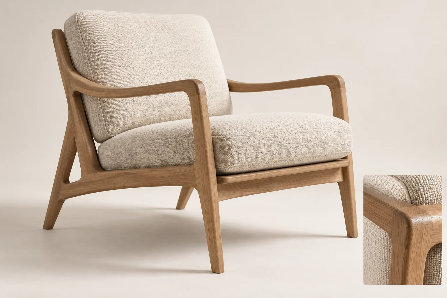 Concept generato con IA: Poltrona imbottita in rovere con dettaglio dei materiali