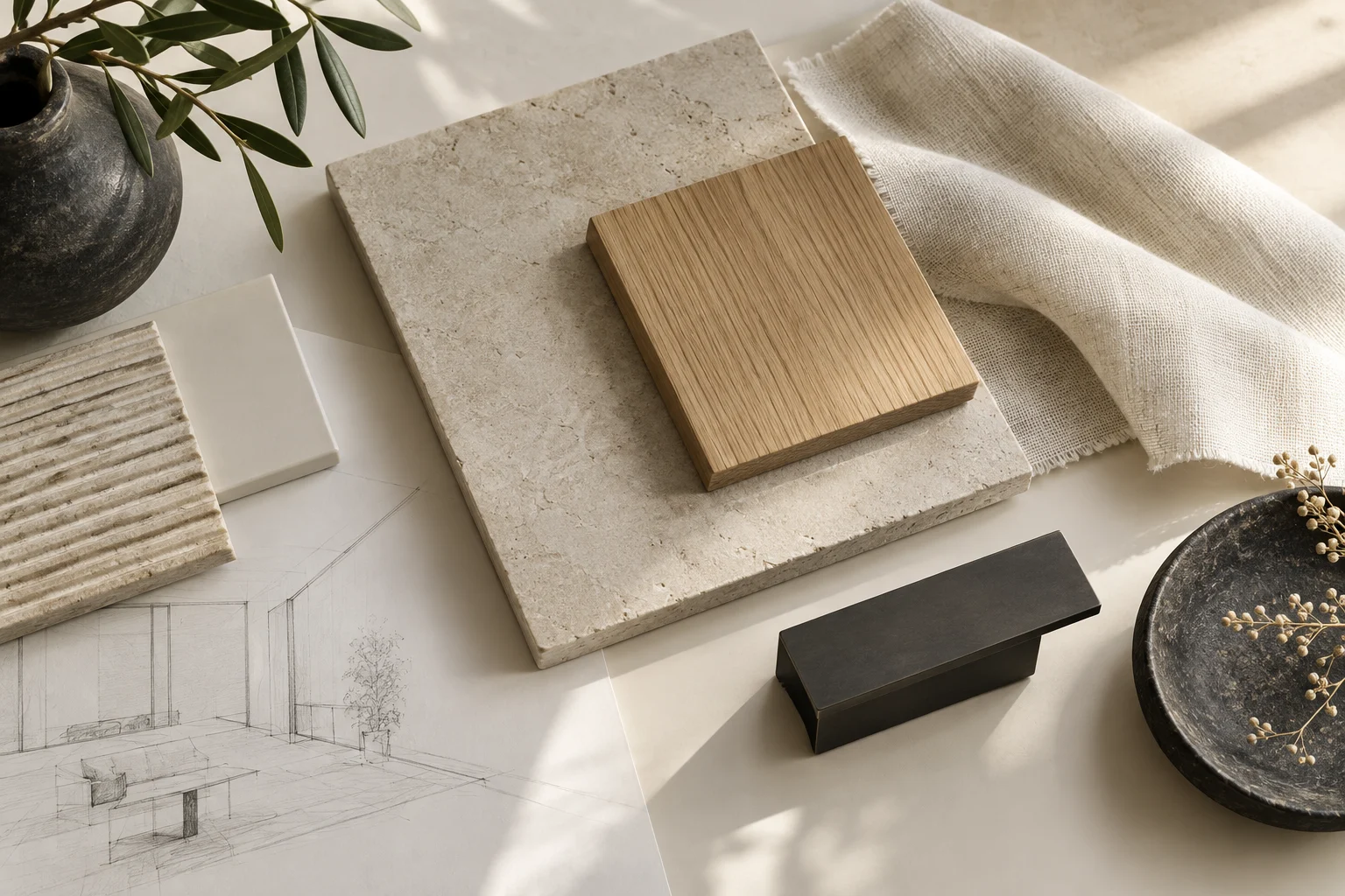 Concept generato con IA: campioni di rovere, pietra e lino su un piano avorio