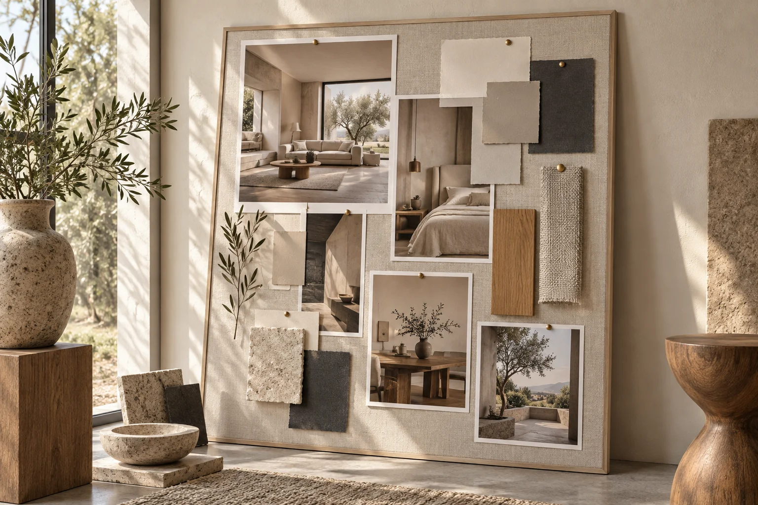 Concept generato con IA: Moodboard di interni con immagini di riferimento e campioni