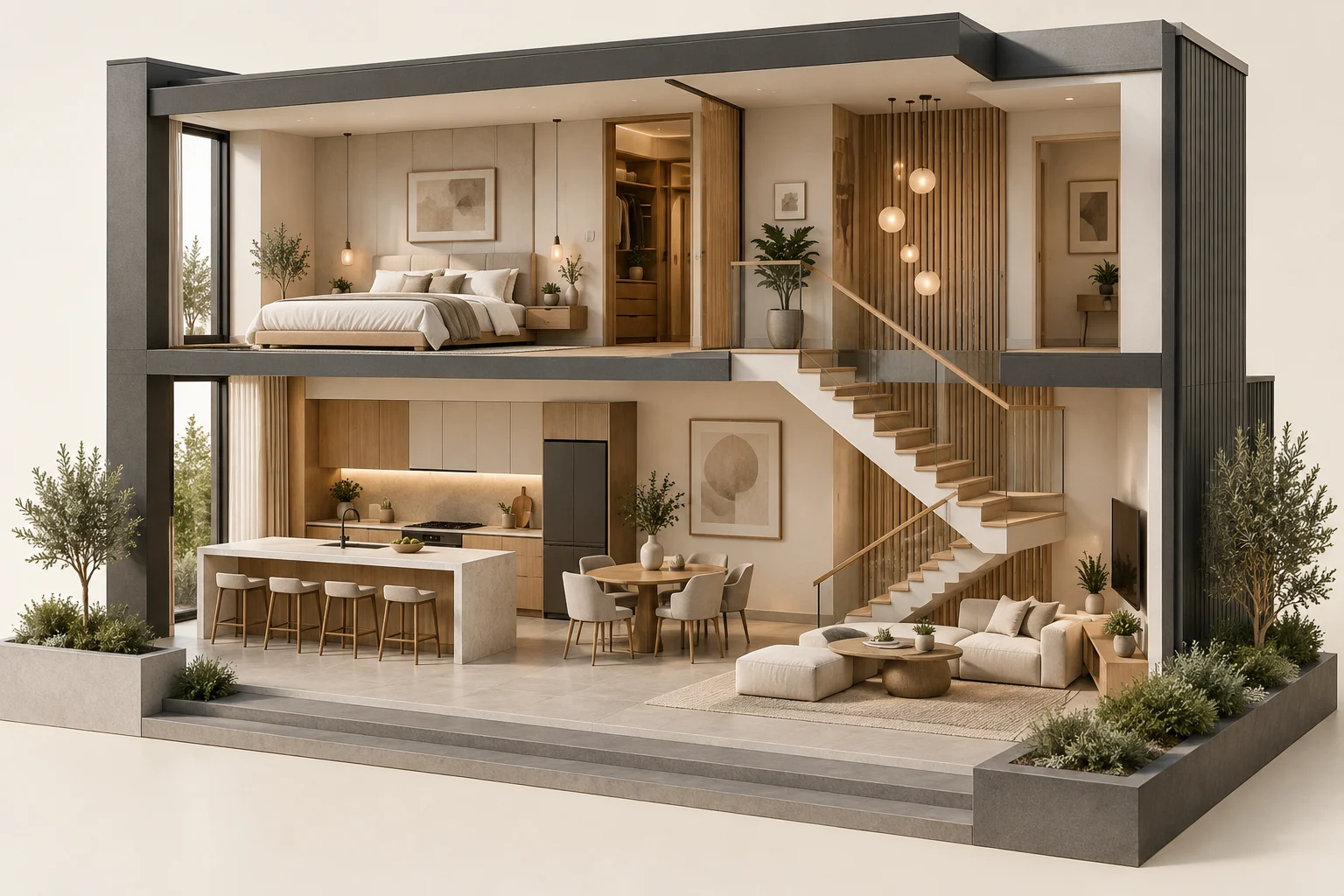 Concept generato con IA: Sezione di una casa su due piani con scala di collegamento