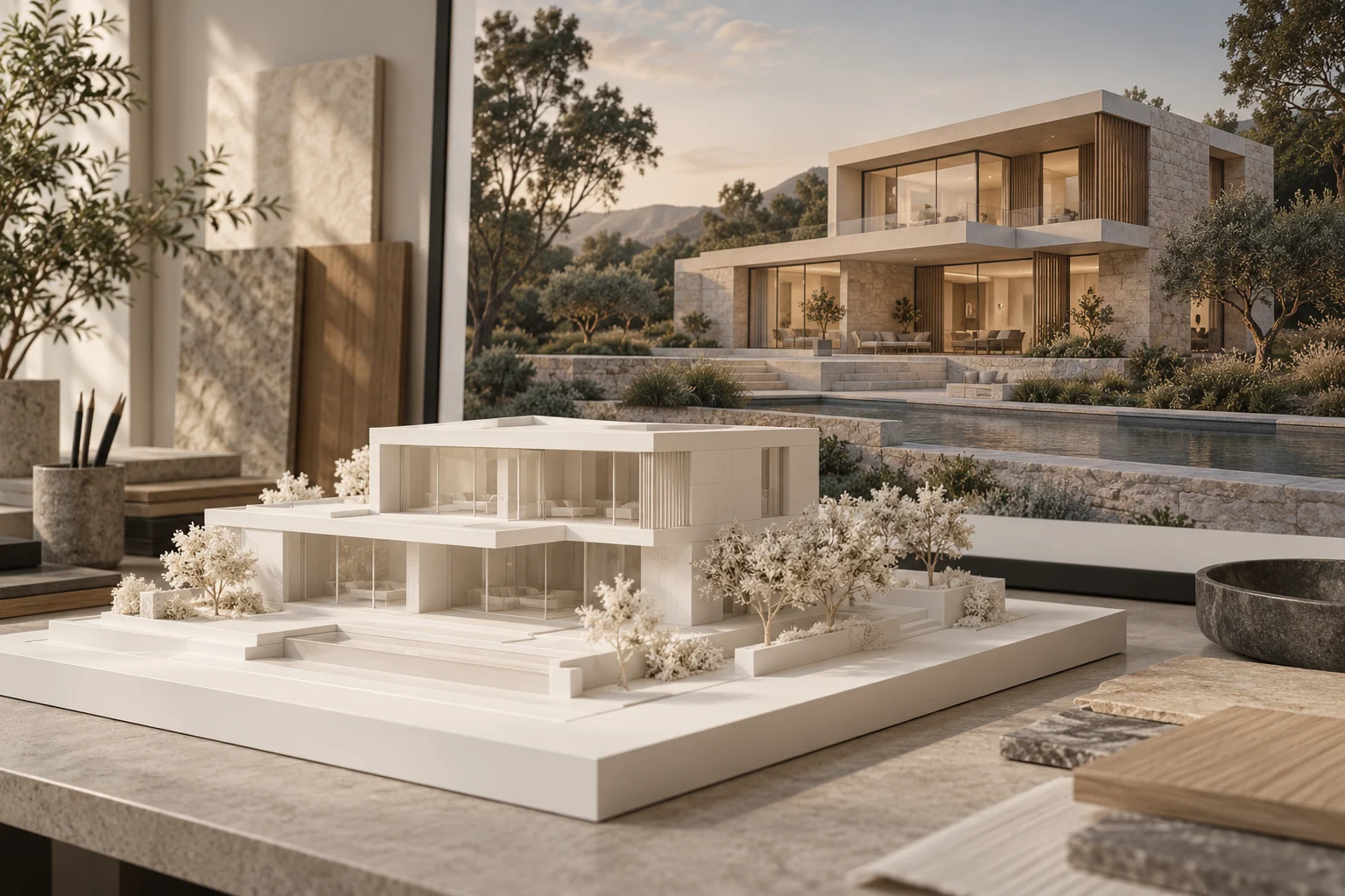 Concept generato con IA: Modello architettonico bianco davanti al render di una casa in progetto
