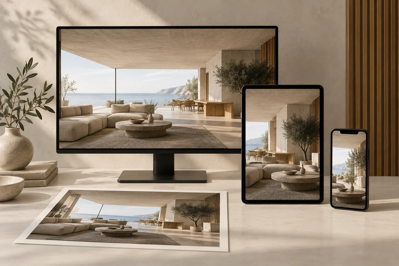 Concept generato con IA: Immagine di interni su monitor, tablet, telefono e stampa