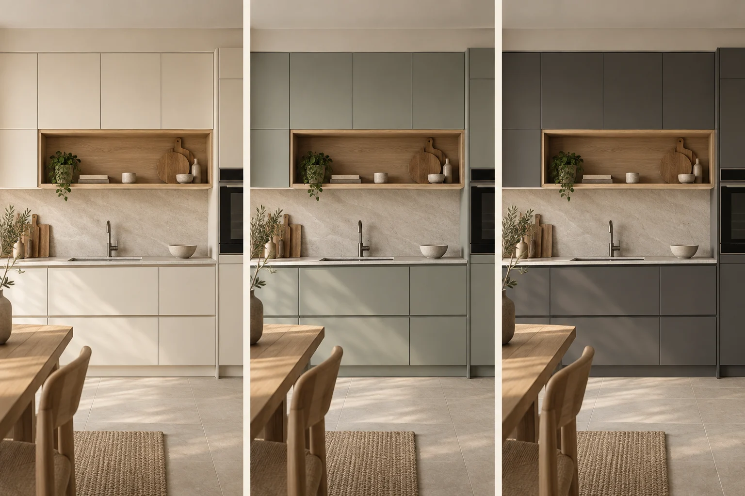 Concept generato con IA: Stessa cucina nelle palette avorio, salvia e antracite