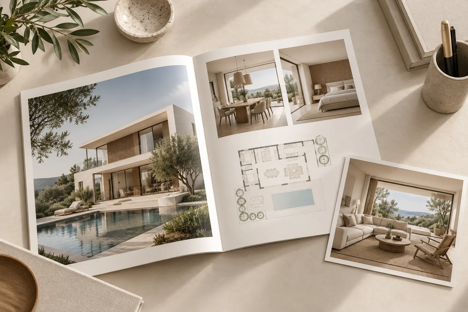 Concept generato con IA: Brochure immobiliare con render e planimetria