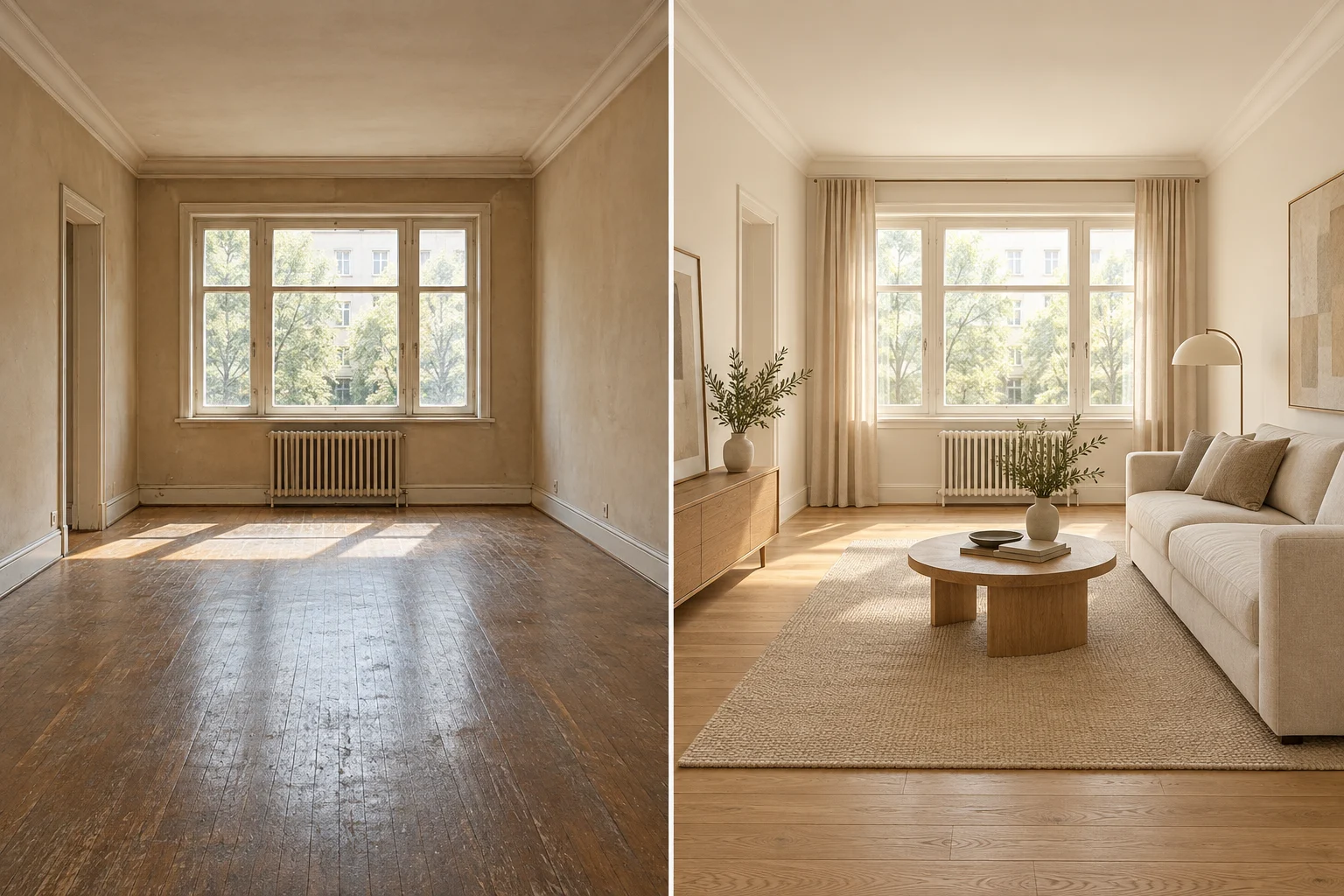 Concept generato con IA: Stessa stanza prima e dopo una ristrutturazione proposta