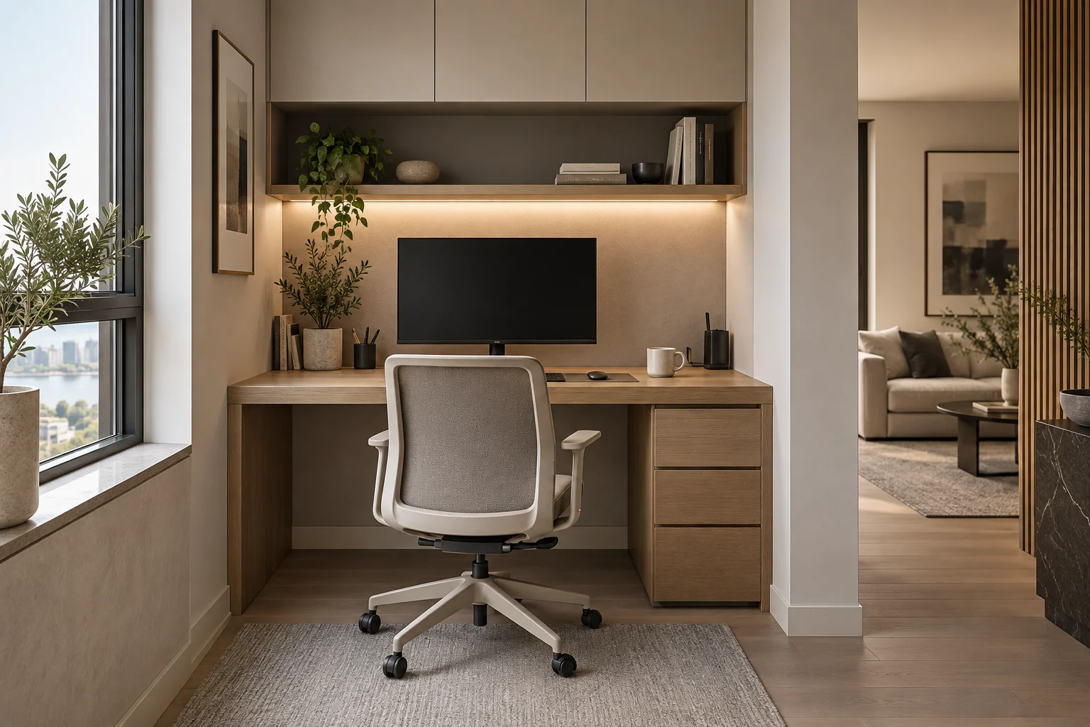 Concept studio generato con IA con scrivania in rovere, finestra e contenitori chiusi