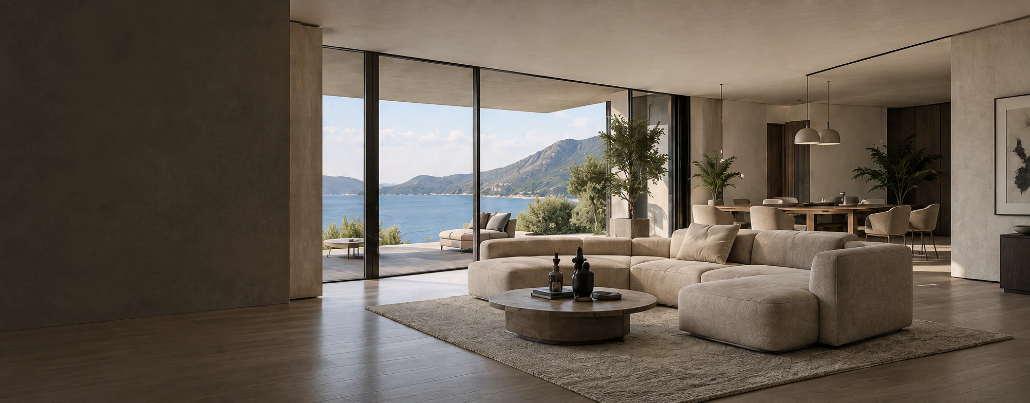 A warm contemporary living space overlooking a lake
